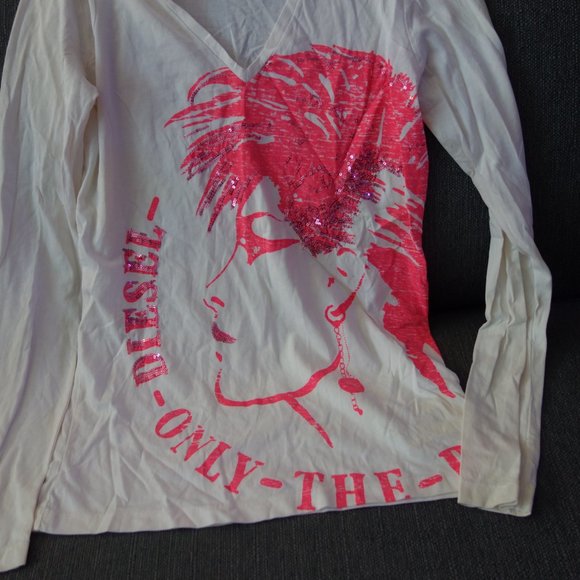 Diesel White V-Neck T-Shirt with Pink Only the Brave Design Size S - Picture 2 of 15